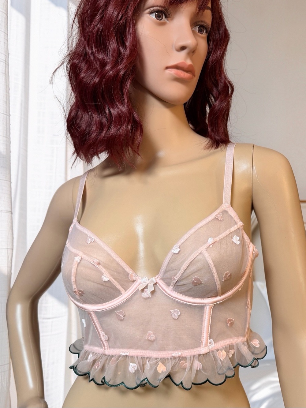 Lost Ink NWT Sz 34A Delicate Sheer Pink Heart-Embroidered Bralette (085)